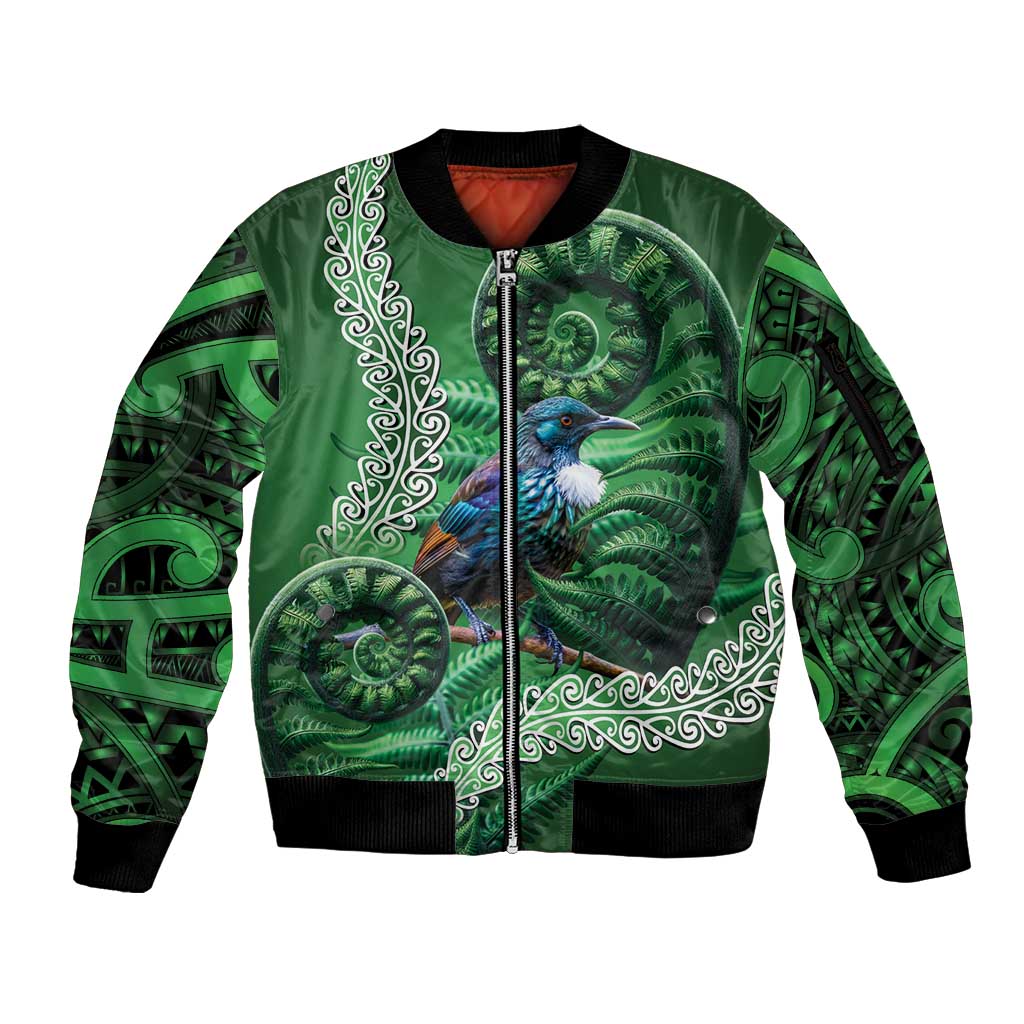 Tui Bird Koru Silver Fern Aotearoa Sleeve Zip Bomber Jacket