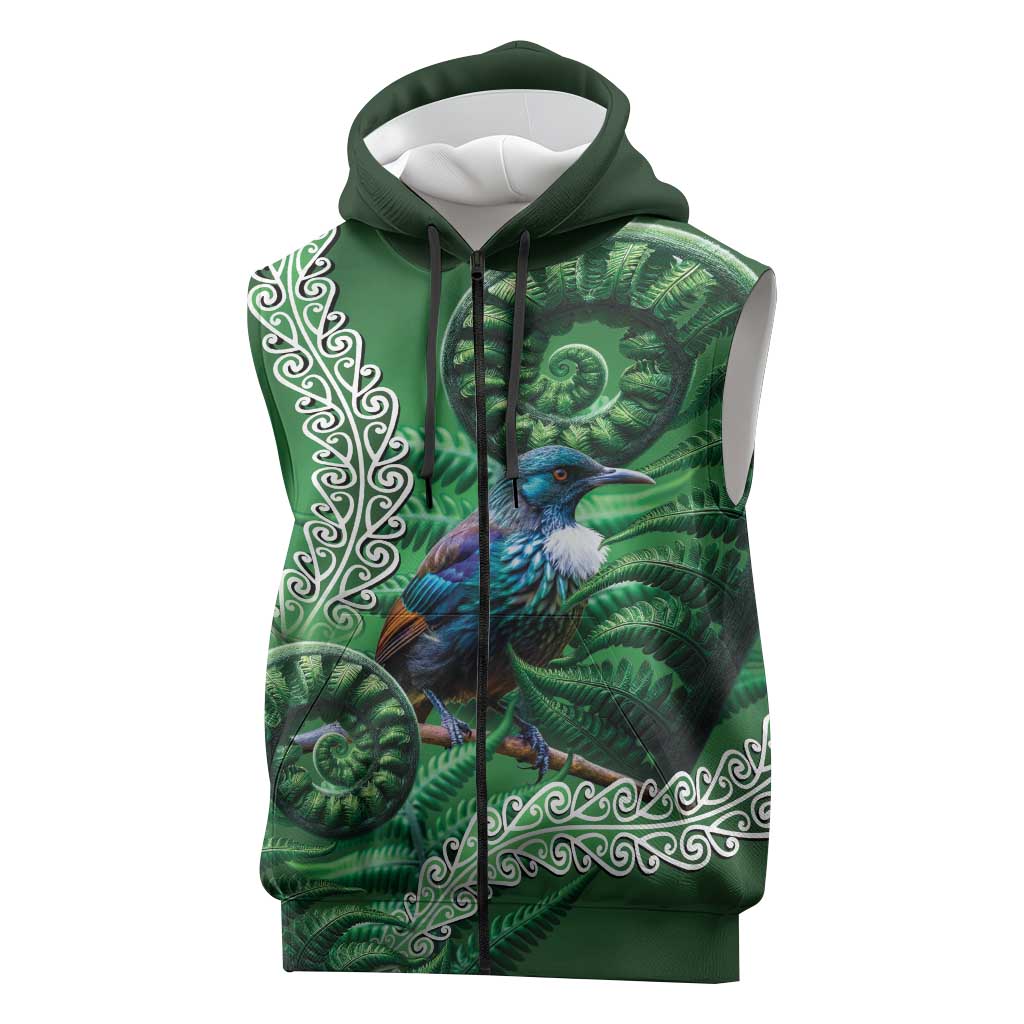Tui Bird Koru Silver Fern Aotearoa Sleeveless Zip Hoodie LT9 Green - Polynesian Pride