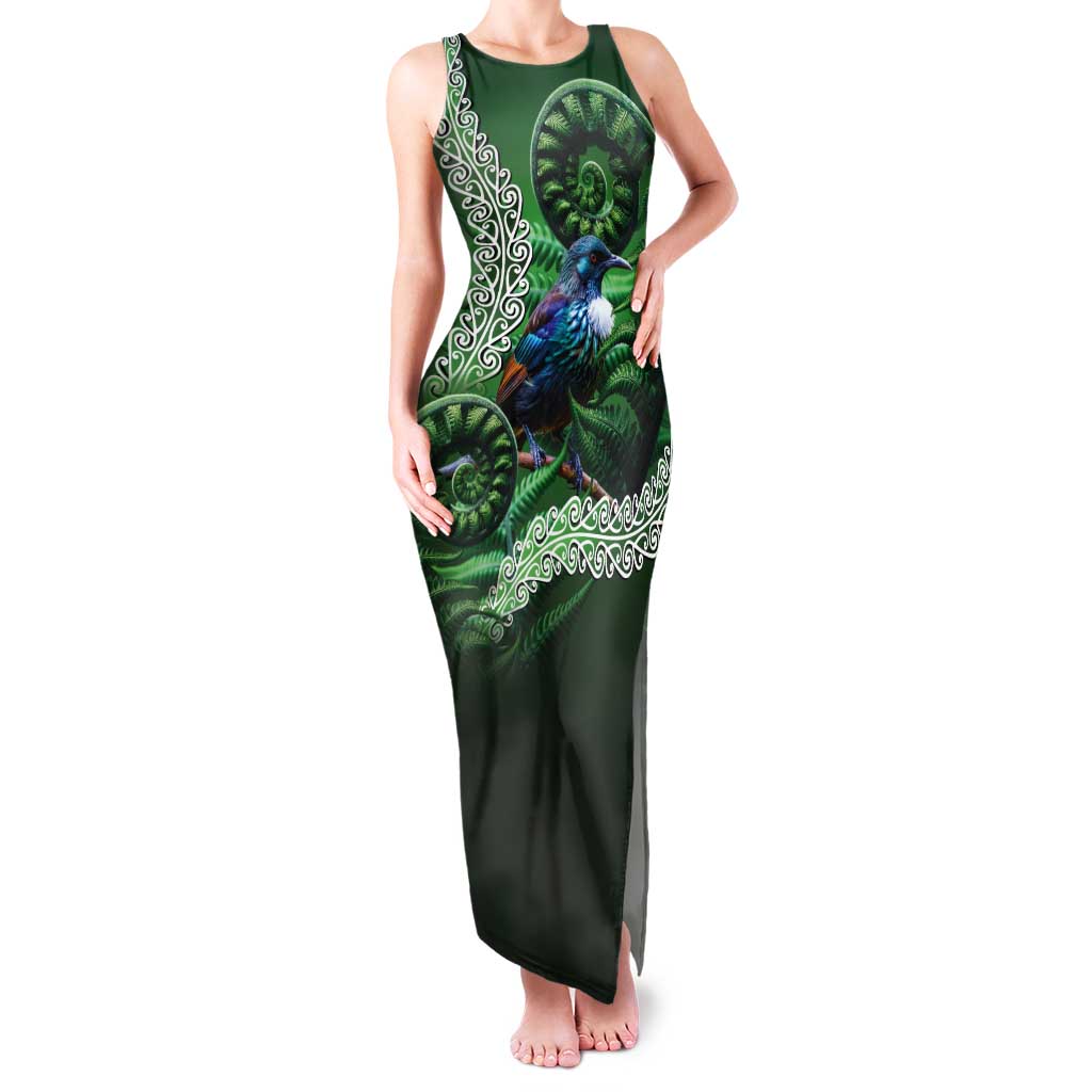 Tui Bird Koru Silver Fern Aotearoa Tank Maxi Dress LT9 Women Green - Polynesian Pride