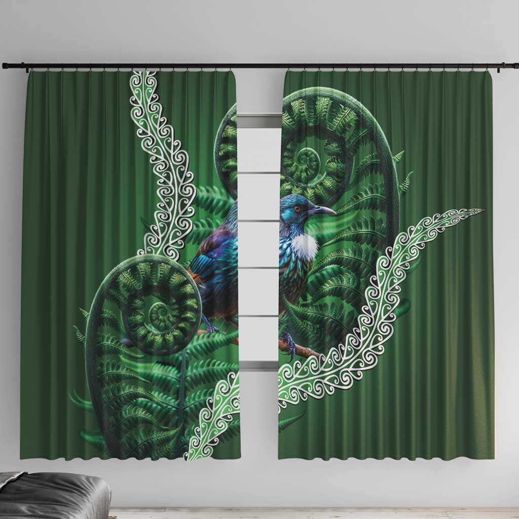 Tui Bird Koru Silver Fern Aotearoa Window Curtain LT9 With Hooks Green - Polynesian Pride