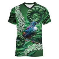 Tui Bird Koru Silver Fern Aotearoa Women V-Neck T-Shirt LT9 Female Green - Polynesian Pride