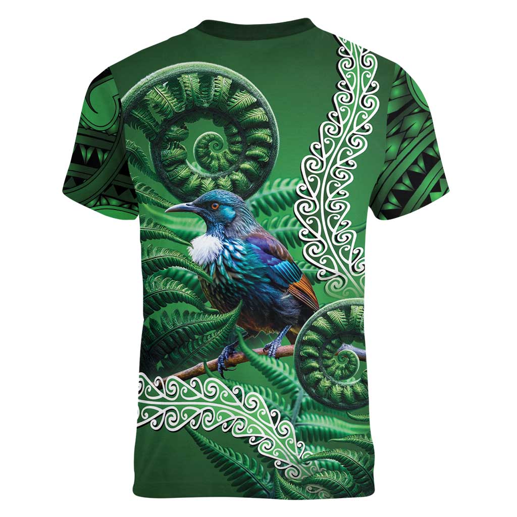 Tui Bird Koru Silver Fern Aotearoa Women V-Neck T-Shirt LT9 - Polynesian Pride