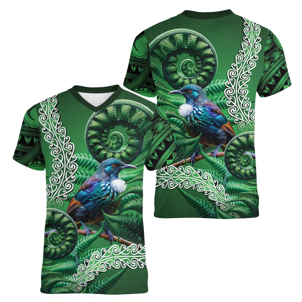 Tui Bird Koru Silver Fern Aotearoa Women V-Neck T-Shirt LT9 - Polynesian Pride