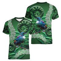 Tui Bird Koru Silver Fern Aotearoa Women V-Neck T-Shirt LT9 - Polynesian Pride