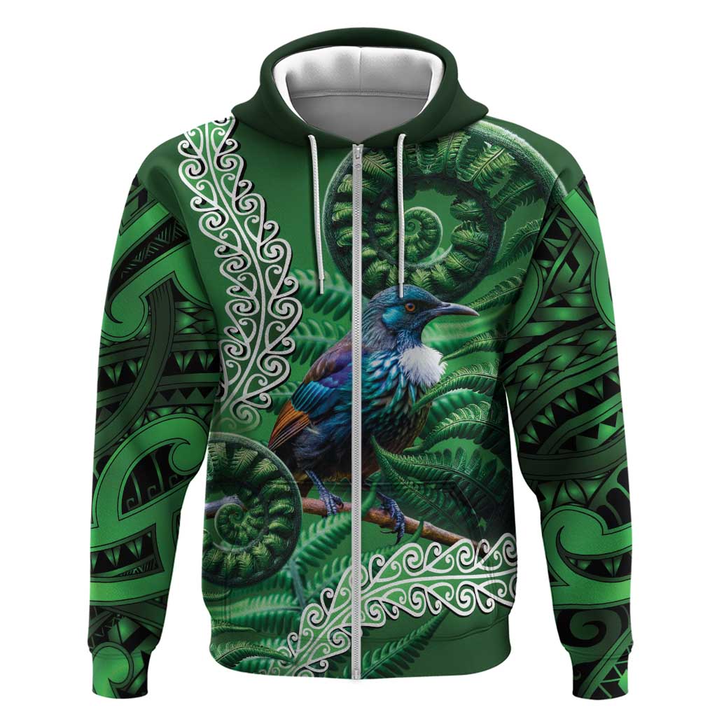 Tui Bird Koru Silver Fern Aotearoa Zip Hoodie LT9 Zip Hoodie Green - Polynesian Pride