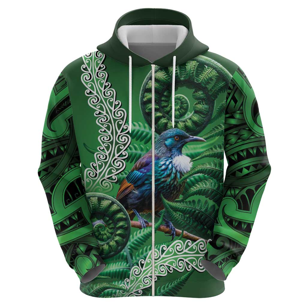 Tui Bird Koru Silver Fern Aotearoa Zip Hoodie LT9 - Polynesian Pride