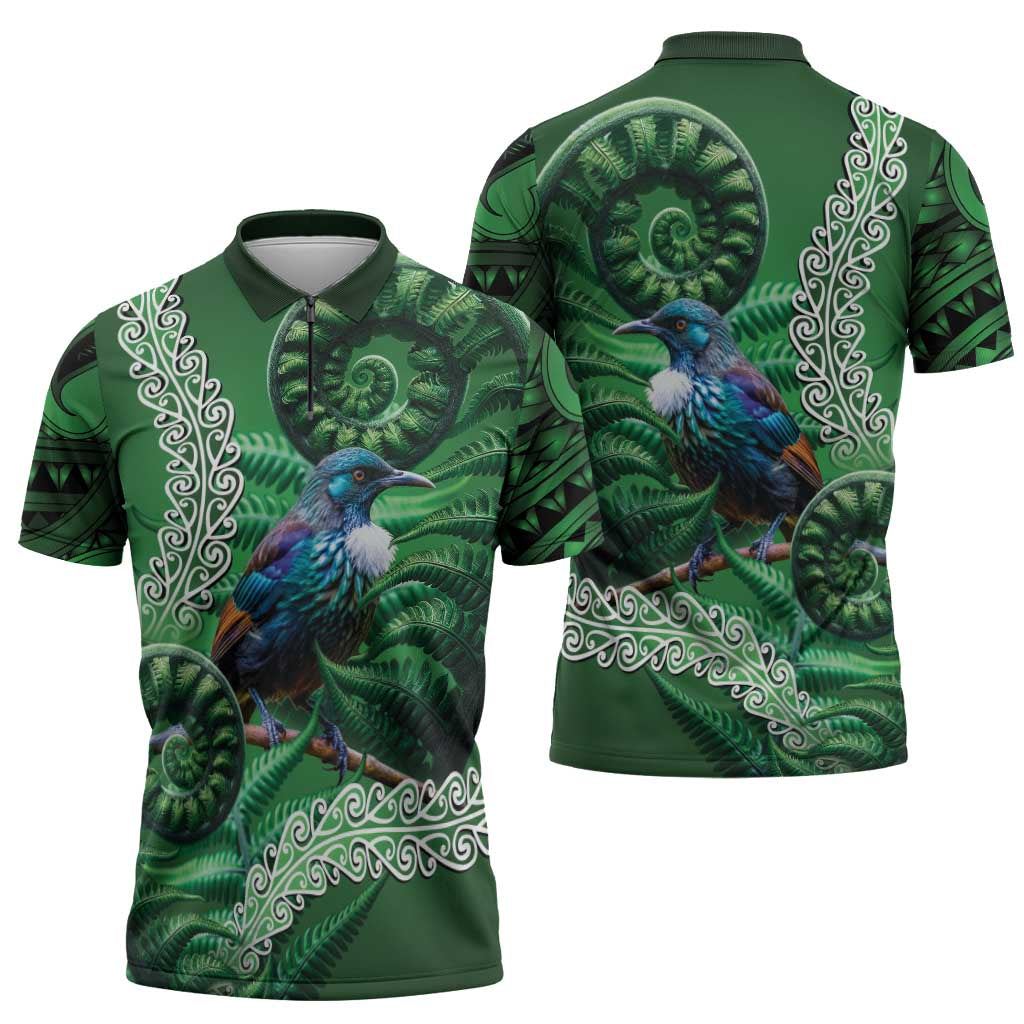 Tui Bird Koru Silver Fern Aotearoa Zipper Polo Shirt LT9 - Polynesian Pride