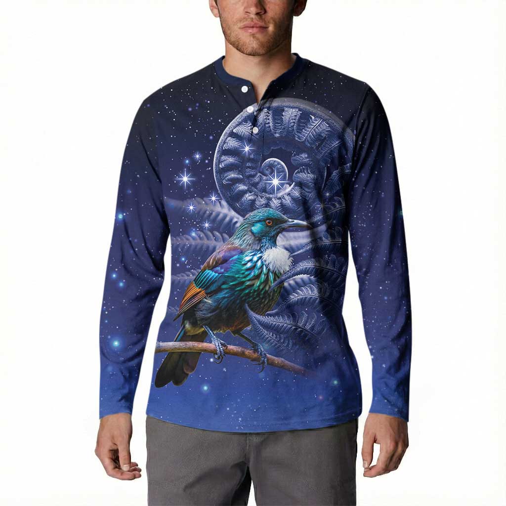 Tui Bird Matariki Galaxy Button Sweatshirt Koru Silver Fern Aotearoa LT9 - Polynesian Pride