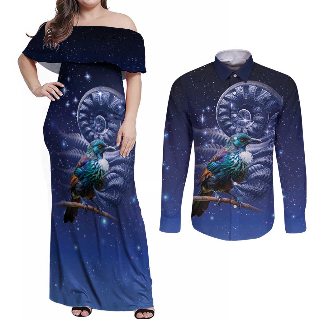 Tui Bird Matariki Galaxy Couples Matching Off Shoulder Maxi Dress and Long Sleeve Button Shirt Koru Silver Fern Aotearoa LT9 Galaxy - Polynesian Pride