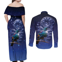 Tui Bird Matariki Galaxy Couples Matching Off Shoulder Maxi Dress and Long Sleeve Button Shirt Koru Silver Fern Aotearoa LT9 - Polynesian Pride
