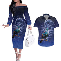 Tui Bird Matariki Galaxy Couples Matching Off The Shoulder Long Sleeve Dress and Hawaiian Shirt Koru Silver Fern Aotearoa