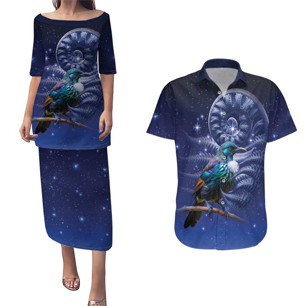 Tui Bird Matariki Galaxy Couples Matching Puletasi and Hawaiian Shirt Koru Silver Fern Aotearoa LT9 Galaxy - Polynesian Pride