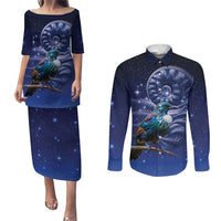 Tui Bird Matariki Galaxy Couples Matching Puletasi and Long Sleeve Button Shirt Koru Silver Fern Aotearoa LT9 Galaxy - Polynesian Pride