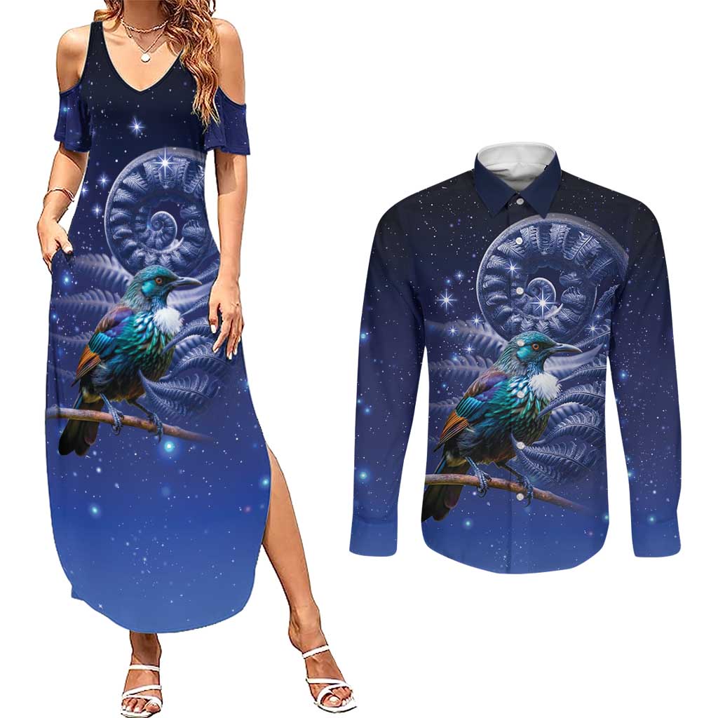 Tui Bird Matariki Galaxy Couples Matching Summer Maxi Dress and Long Sleeve Button Shirt Koru Silver Fern Aotearoa LT9 Galaxy - Polynesian Pride
