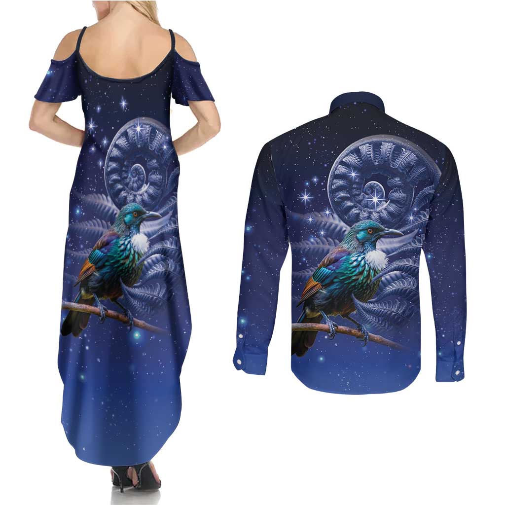 Tui Bird Matariki Galaxy Couples Matching Summer Maxi Dress and Long Sleeve Button Shirt Koru Silver Fern Aotearoa LT9 - Polynesian Pride