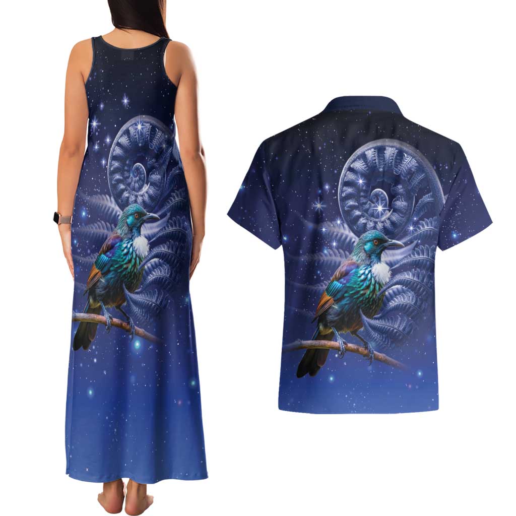 Tui Bird Matariki Galaxy Couples Matching Tank Maxi Dress and Hawaiian Shirt Koru Silver Fern Aotearoa