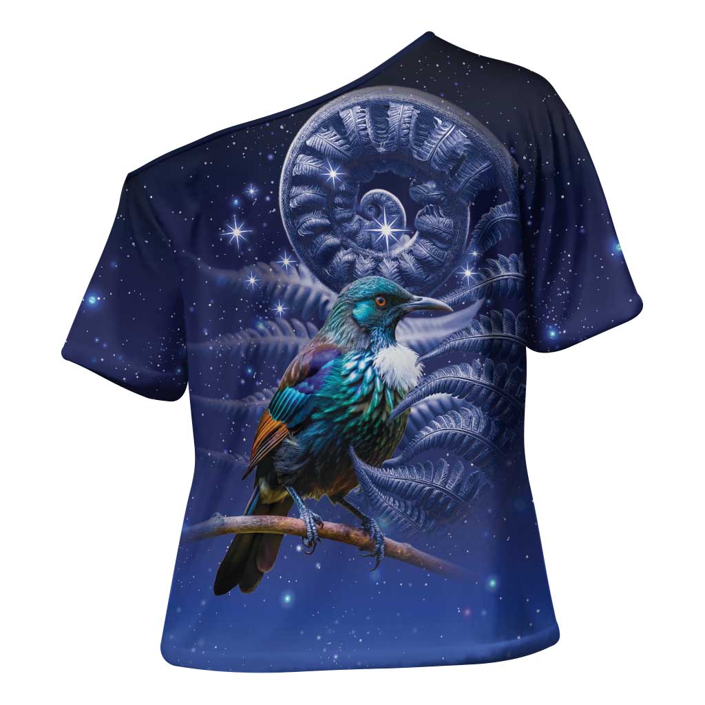 Tui Bird Matariki Galaxy Cross Shoulder Shirt Koru Silver Fern Aotearoa LT9 - Polynesian Pride