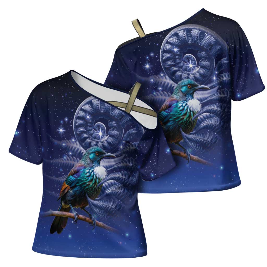 Tui Bird Matariki Galaxy Cross Shoulder Shirt Koru Silver Fern Aotearoa LT9 - Polynesian Pride