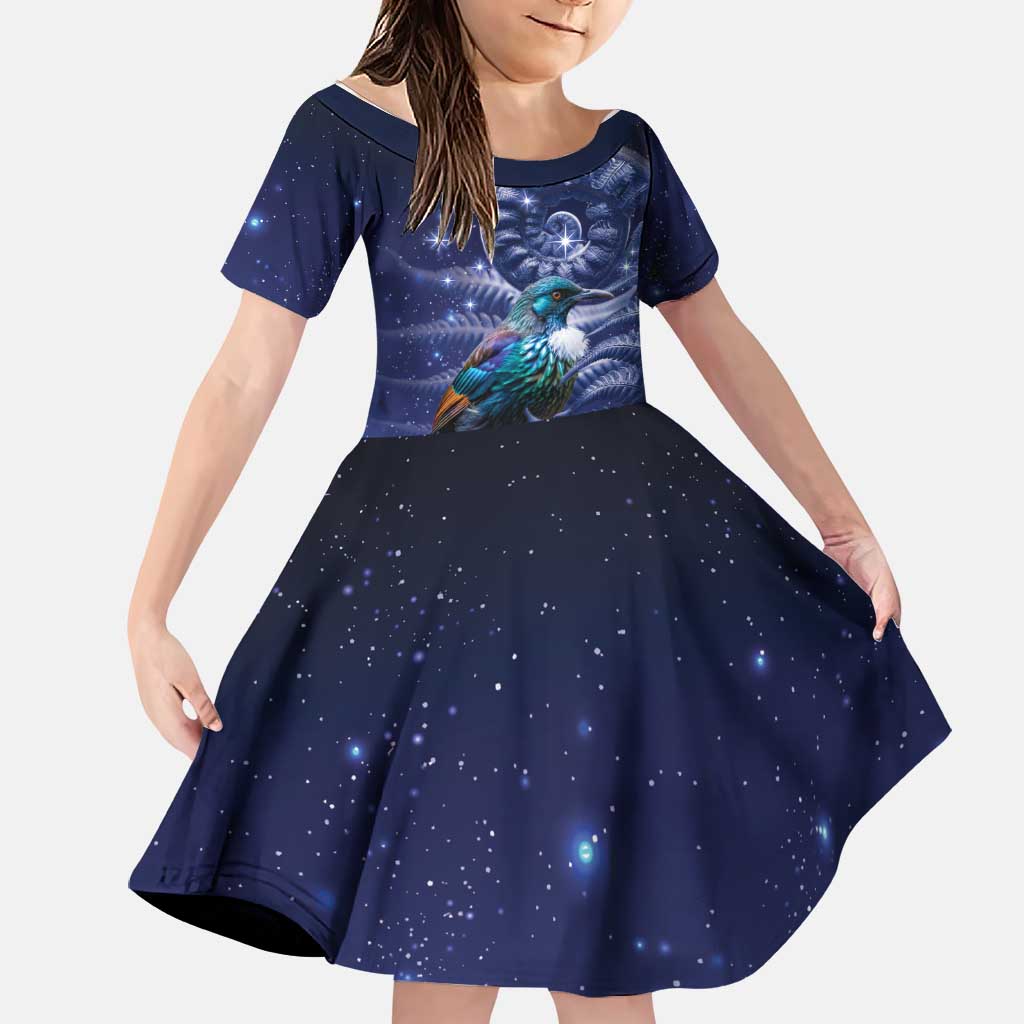 Tui Bird Matariki Galaxy Family Matching Long Sleeve Bodycon Dress and Hawaiian Shirt Koru Silver Fern Aotearoa