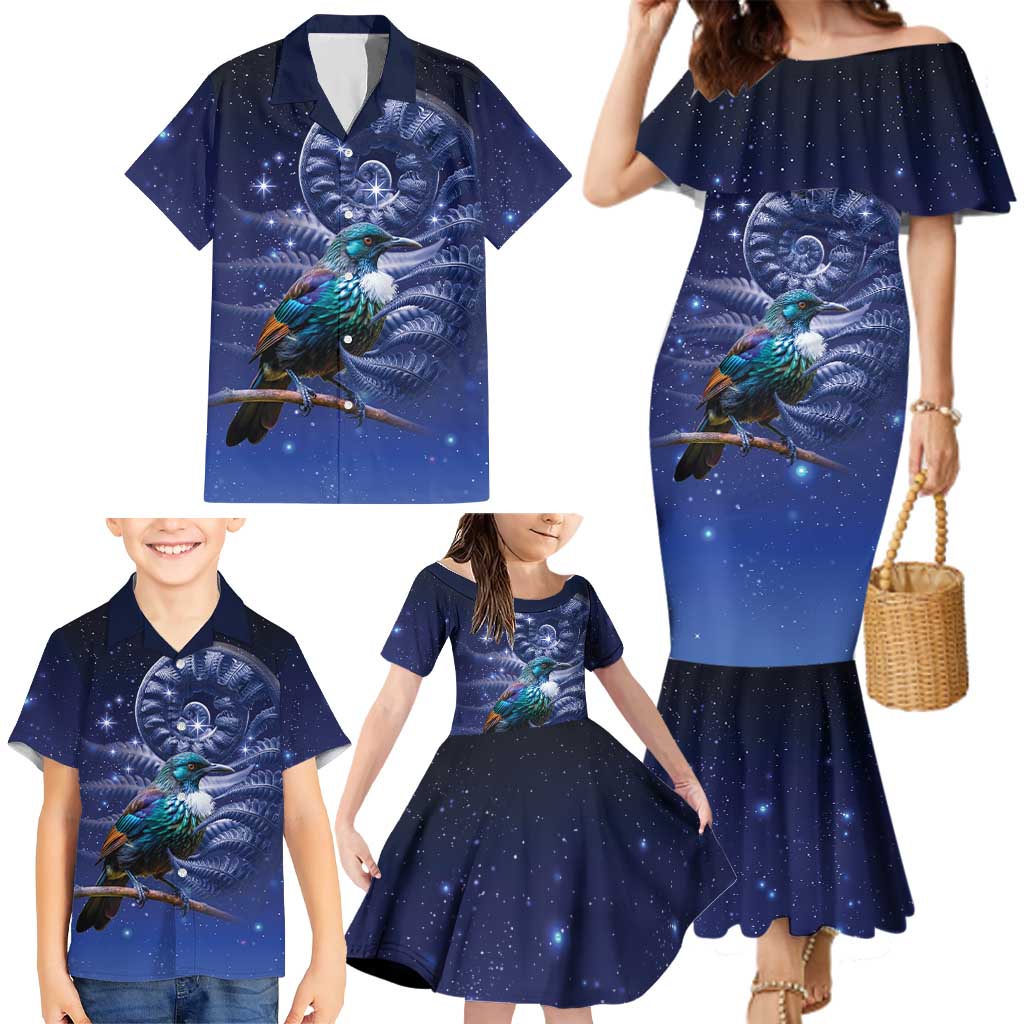 Tui Bird Matariki Galaxy Family Matching Mermaid Dress and Hawaiian Shirt Koru Silver Fern Aotearoa