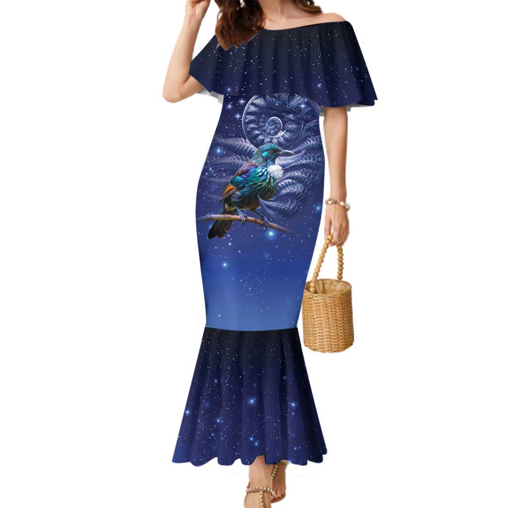 Tui Bird Matariki Galaxy Family Matching Mermaid Dress and Hawaiian Shirt Koru Silver Fern Aotearoa
