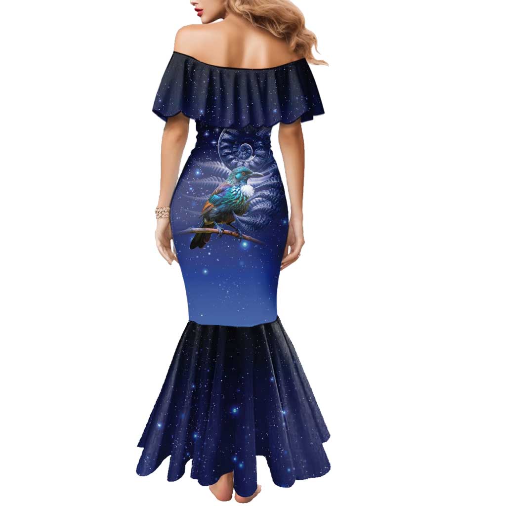 Tui Bird Matariki Galaxy Family Matching Mermaid Dress and Hawaiian Shirt Koru Silver Fern Aotearoa