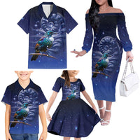 Tui Bird Matariki Galaxy Family Matching Off The Shoulder Long Sleeve Dress and Hawaiian Shirt Koru Silver Fern Aotearoa