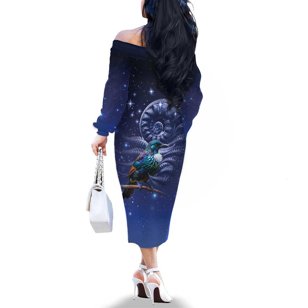 Tui Bird Matariki Galaxy Family Matching Off The Shoulder Long Sleeve Dress and Hawaiian Shirt Koru Silver Fern Aotearoa