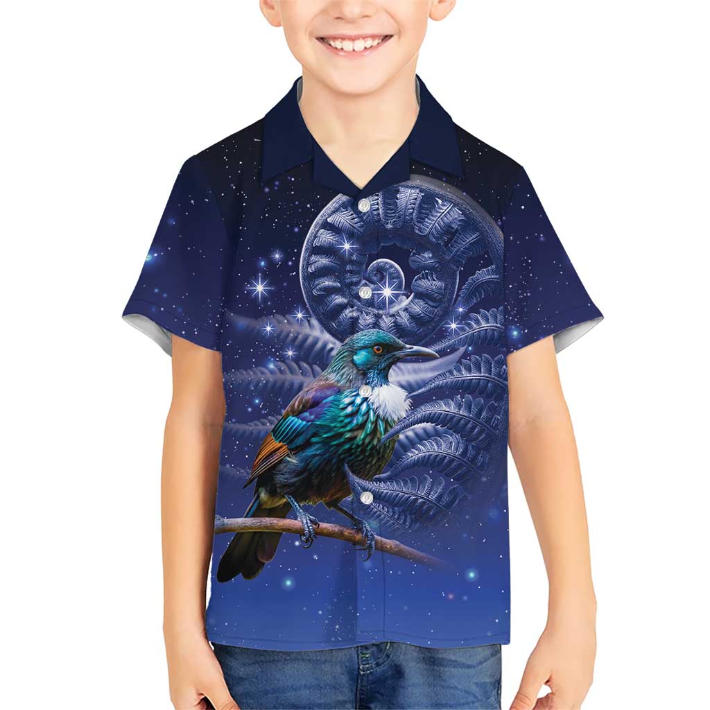Tui Bird Matariki Galaxy Family Matching Puletasi and Hawaiian Shirt Koru Silver Fern Aotearoa
