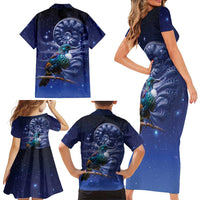 Tui Bird Matariki Galaxy Family Matching Short Sleeve Bodycon Dress and Hawaiian Shirt Koru Silver Fern Aotearoa