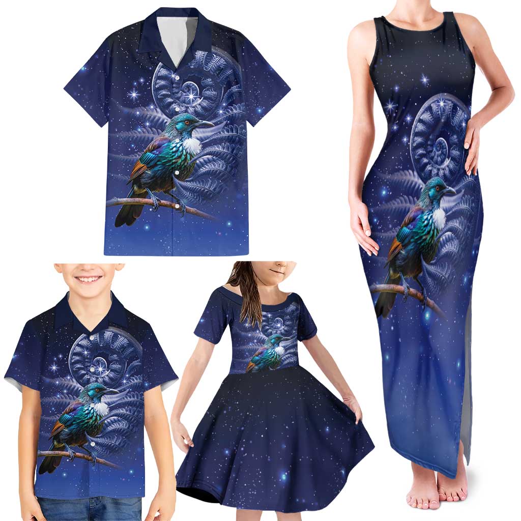Tui Bird Matariki Galaxy Family Matching Tank Maxi Dress and Hawaiian Shirt Koru Silver Fern Aotearoa LT9 - Polynesian Pride