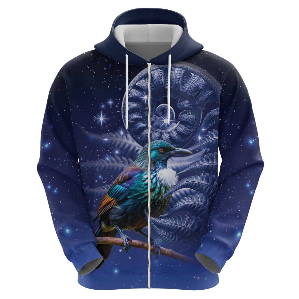 Tui Bird Matariki Galaxy Hoodie Koru Silver Fern Aotearoa