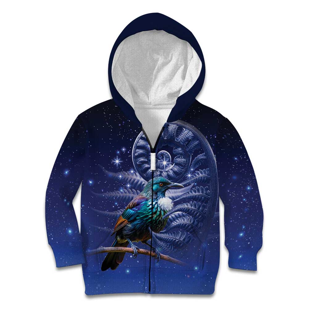 Tui Bird Matariki Galaxy Kid Hoodie Koru Silver Fern Aotearoa LT9 Zip Hoodie Galaxy - Polynesian Pride
