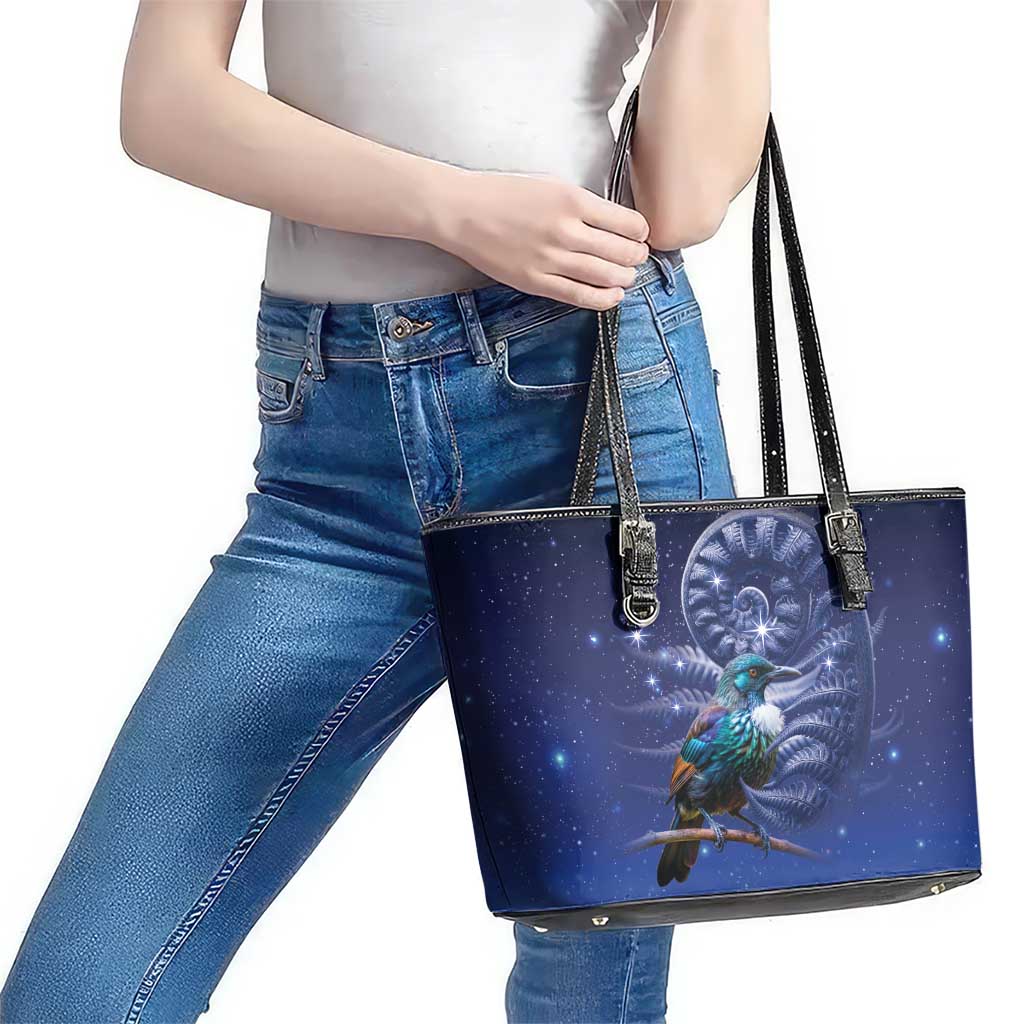 Tui Bird Matariki Galaxy Leather Tote Bag Koru Silver Fern Aotearoa LT9 - Polynesian Pride