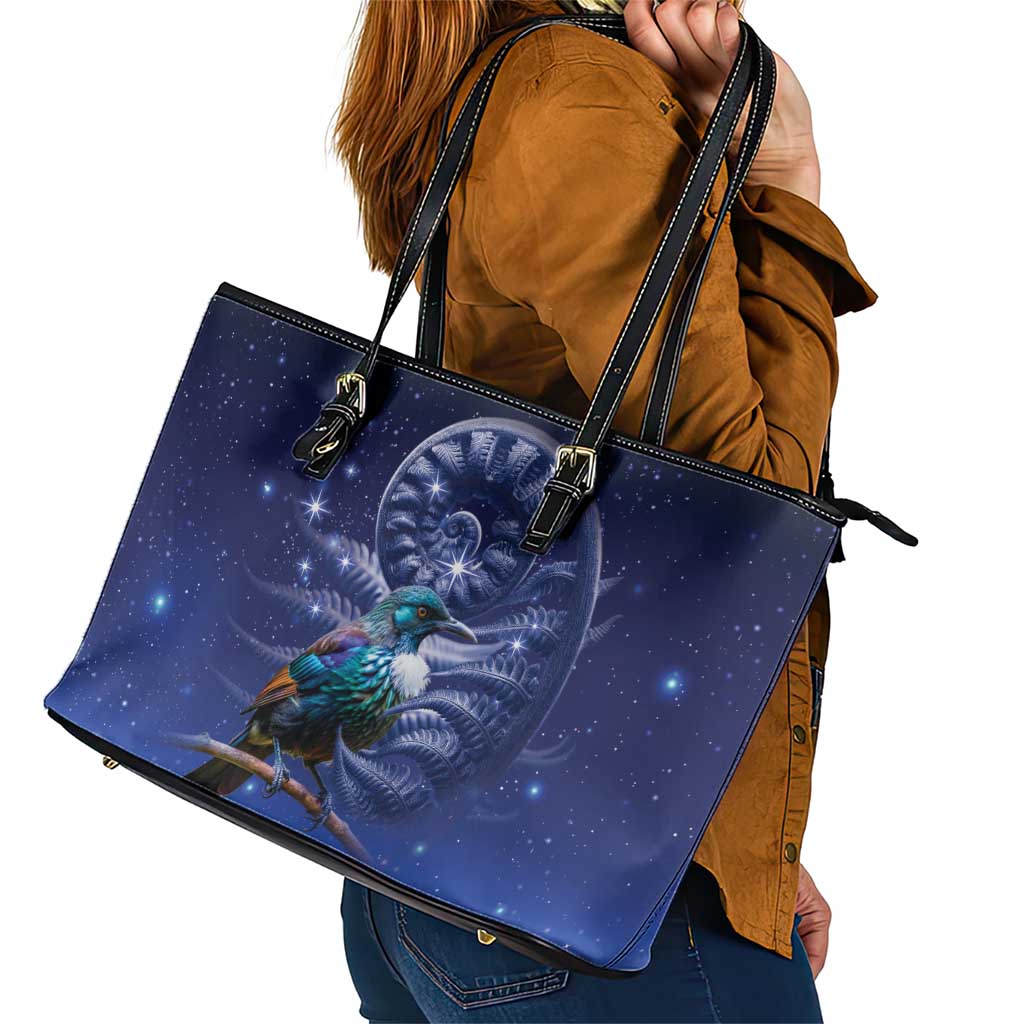 Tui Bird Matariki Galaxy Leather Tote Bag Koru Silver Fern Aotearoa LT9 - Polynesian Pride