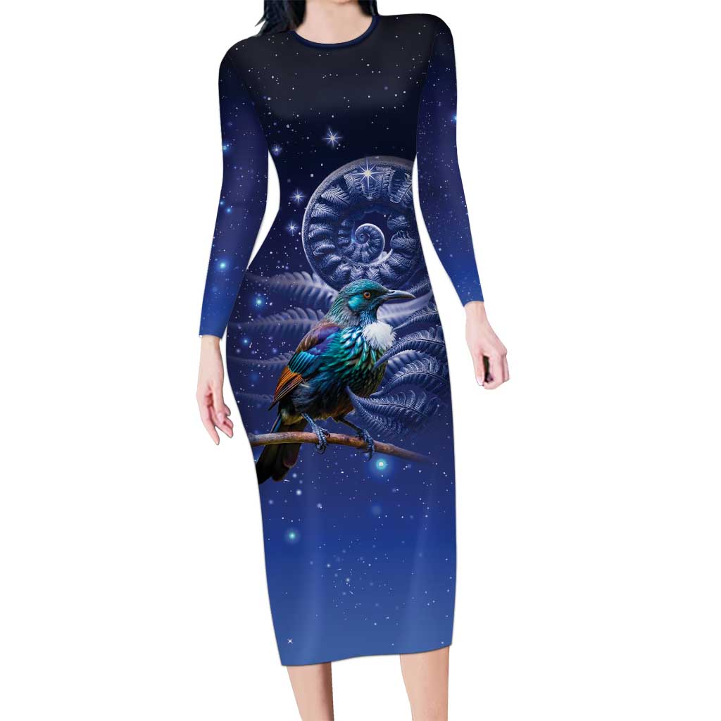 Tui Bird Matariki Galaxy Long Sleeve Bodycon Dress Koru Silver Fern Aotearoa LT9 Long Dress Galaxy - Polynesian Pride
