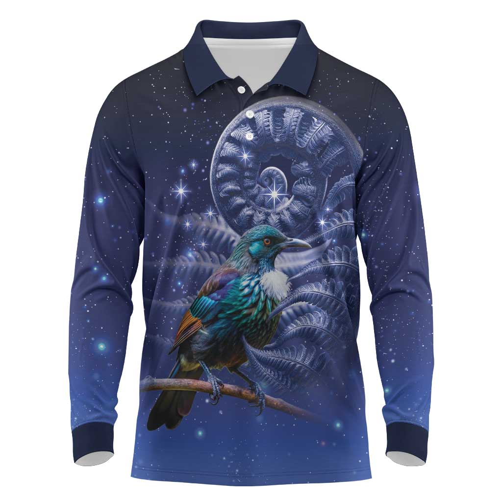Tui Bird Matariki Galaxy Long Sleeve Polo Shirt Koru Silver Fern Aotearoa