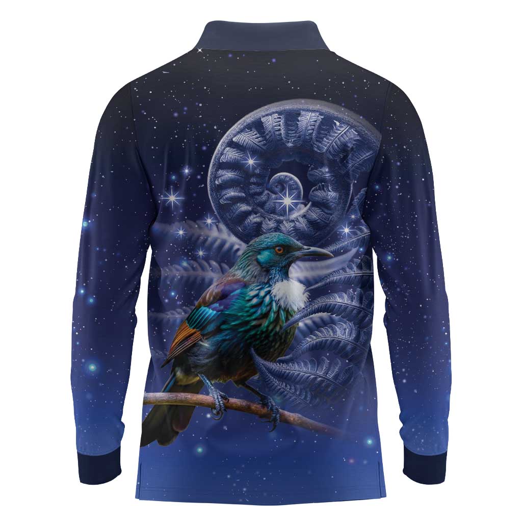 Tui Bird Matariki Galaxy Long Sleeve Polo Shirt Koru Silver Fern Aotearoa