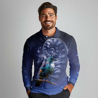 Tui Bird Matariki Galaxy Long Sleeve Polo Shirt Koru Silver Fern Aotearoa