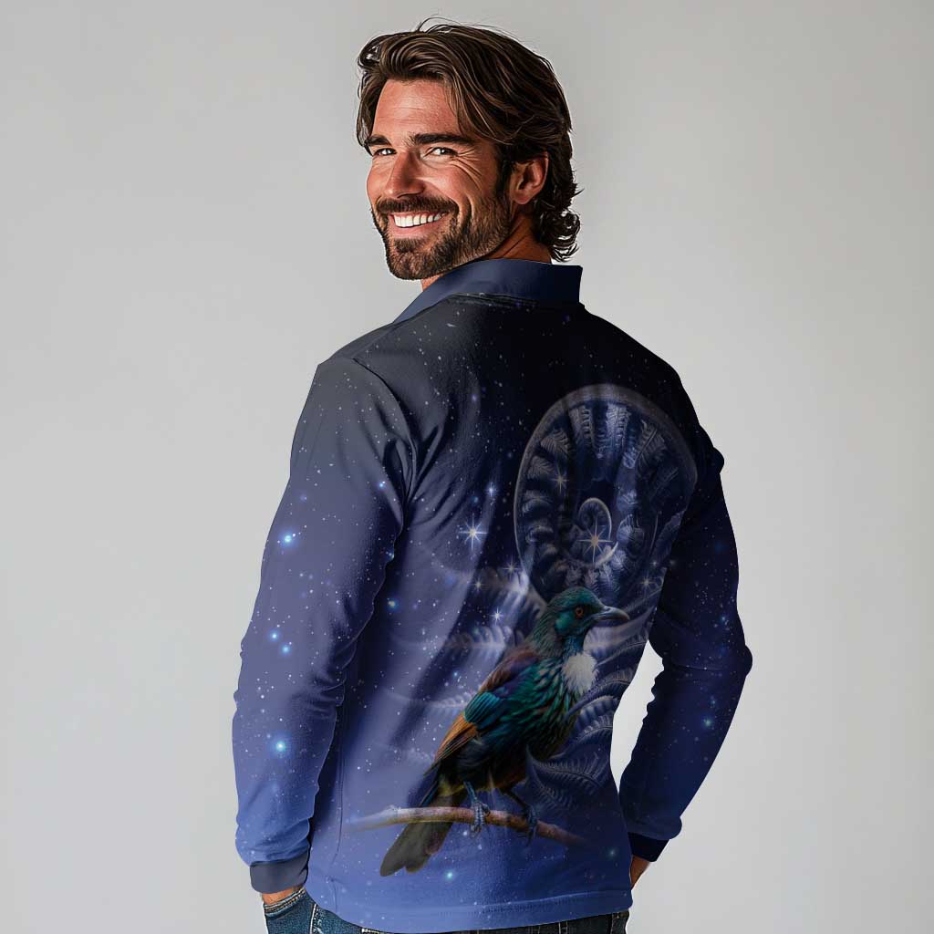 Tui Bird Matariki Galaxy Long Sleeve Polo Shirt Koru Silver Fern Aotearoa