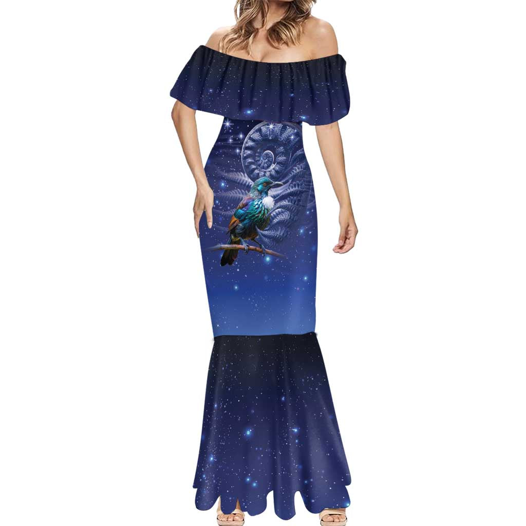 Tui Bird Matariki Galaxy Mermaid Dress Koru Silver Fern Aotearoa LT9 - Polynesian Pride