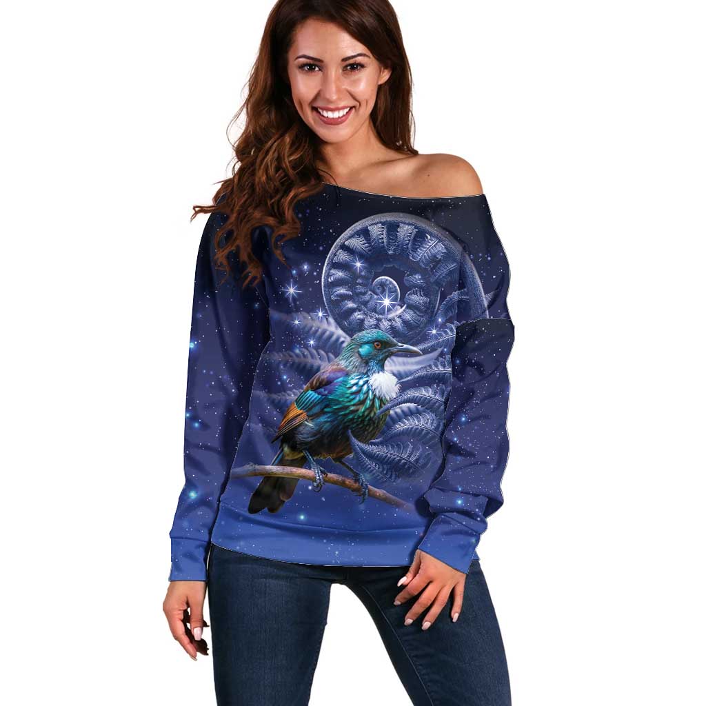 Tui Bird Matariki Galaxy Off Shoulder Sweater Koru Silver Fern Aotearoa LT9 Women Galaxy - Polynesian Pride