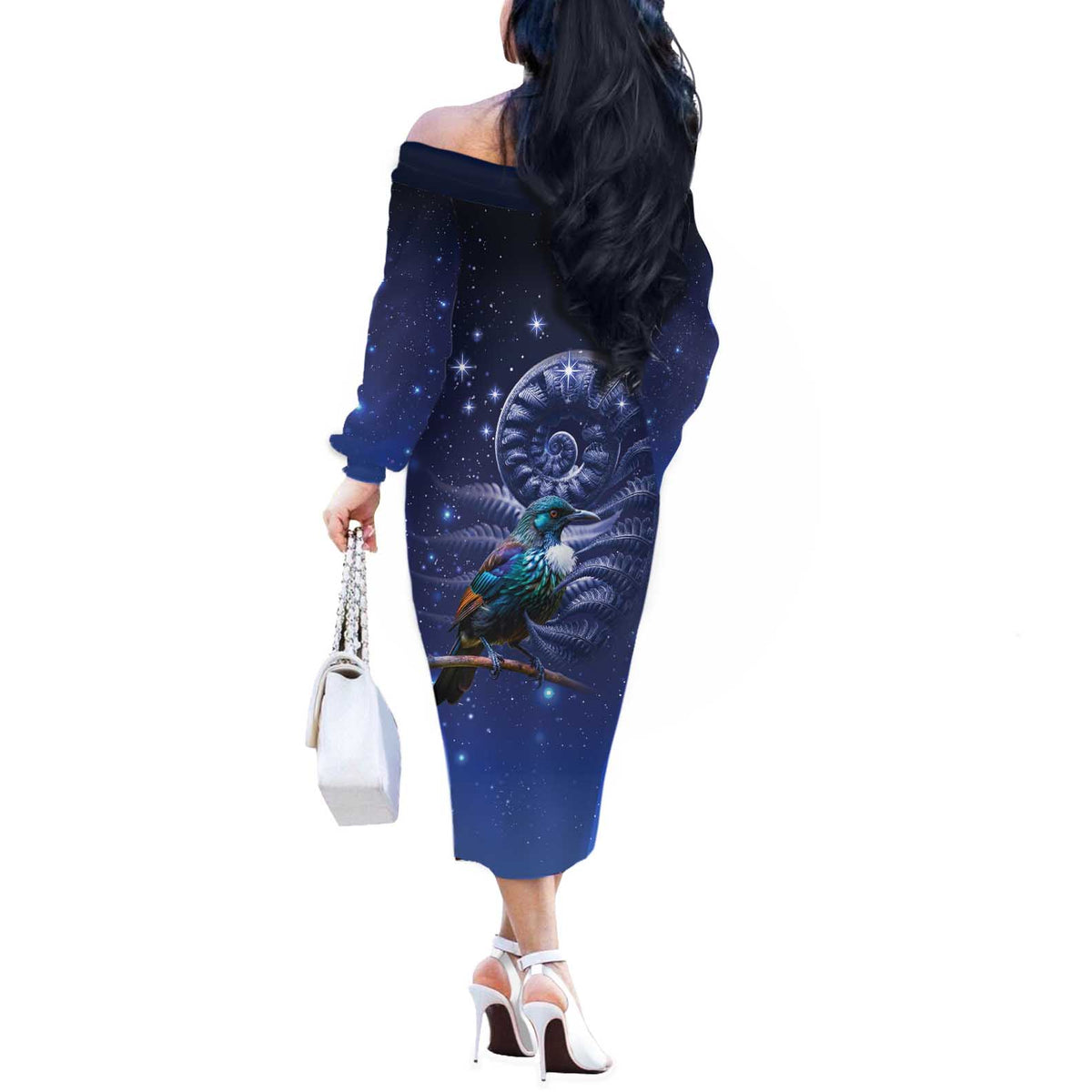 Tui Bird Matariki Galaxy Off The Shoulder Long Sleeve Dress Koru Silver Fern Aotearoa LT9 - Polynesian Pride