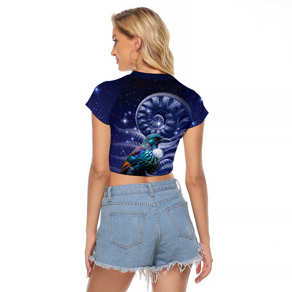 Tui Bird Matariki Galaxy Raglan Cropped T Shirt Koru Silver Fern Aotearoa LT9 - Polynesian Pride