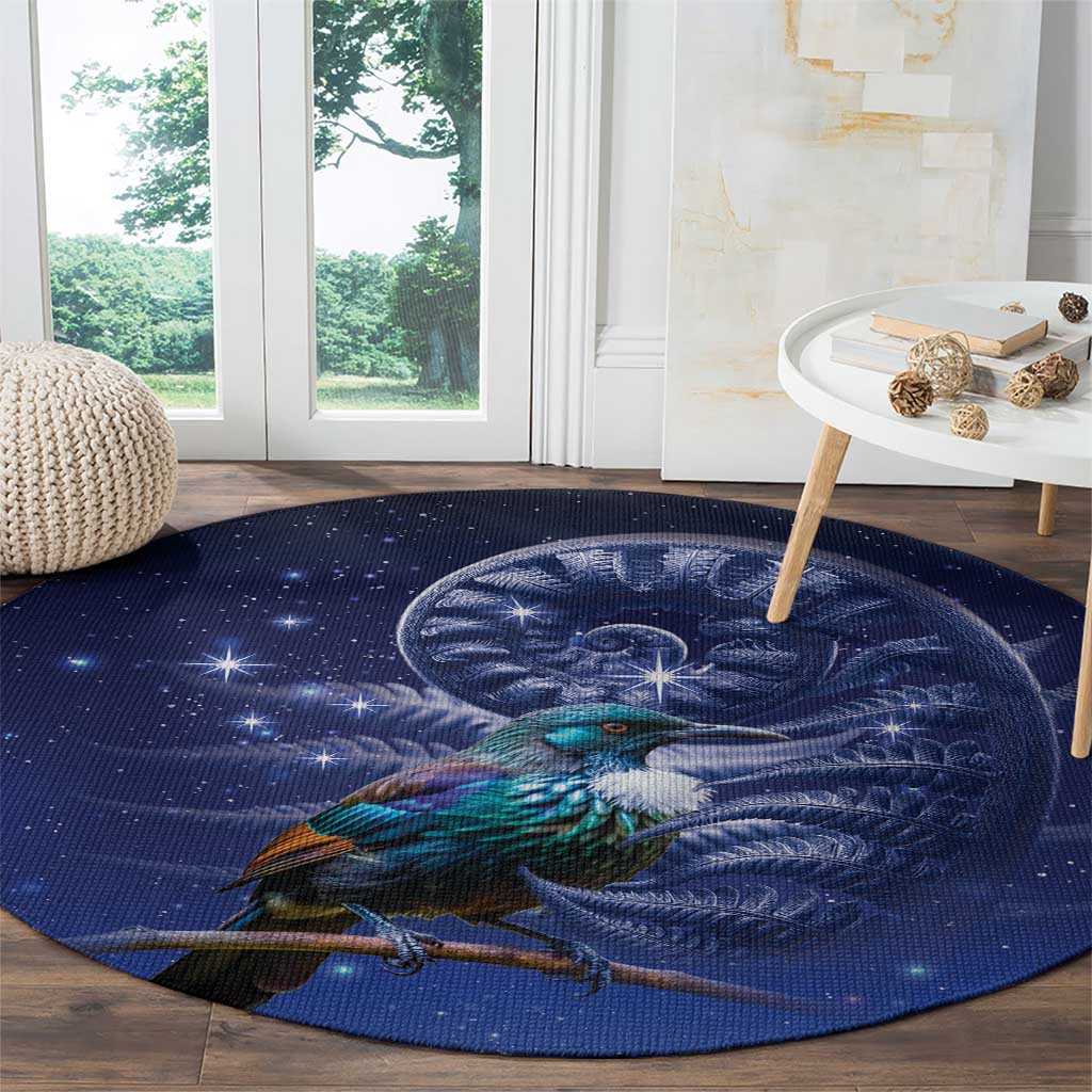 Tui Bird Matariki Galaxy Round Carpet Koru Silver Fern Aotearoa