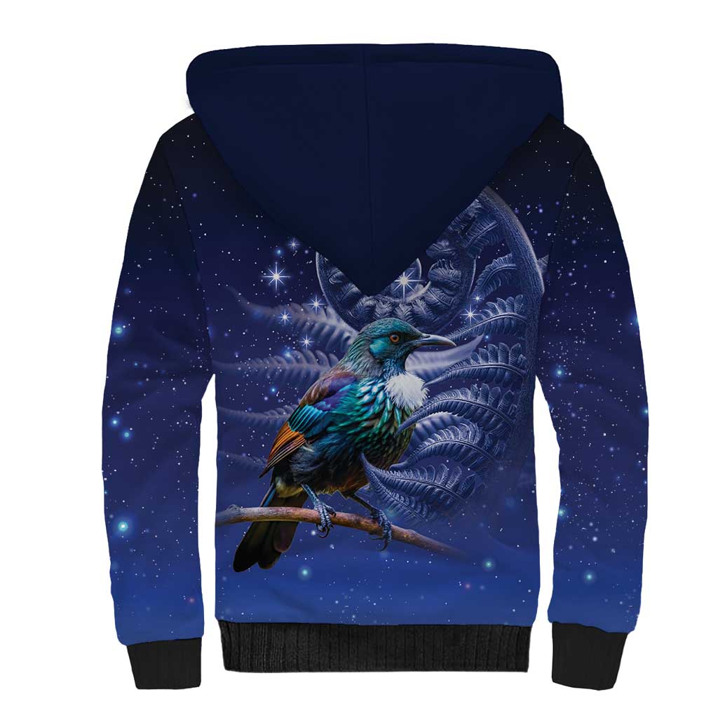 Tui Bird Matariki Galaxy Sherpa Hoodie Koru Silver Fern Aotearoa LT9 - Polynesian Pride