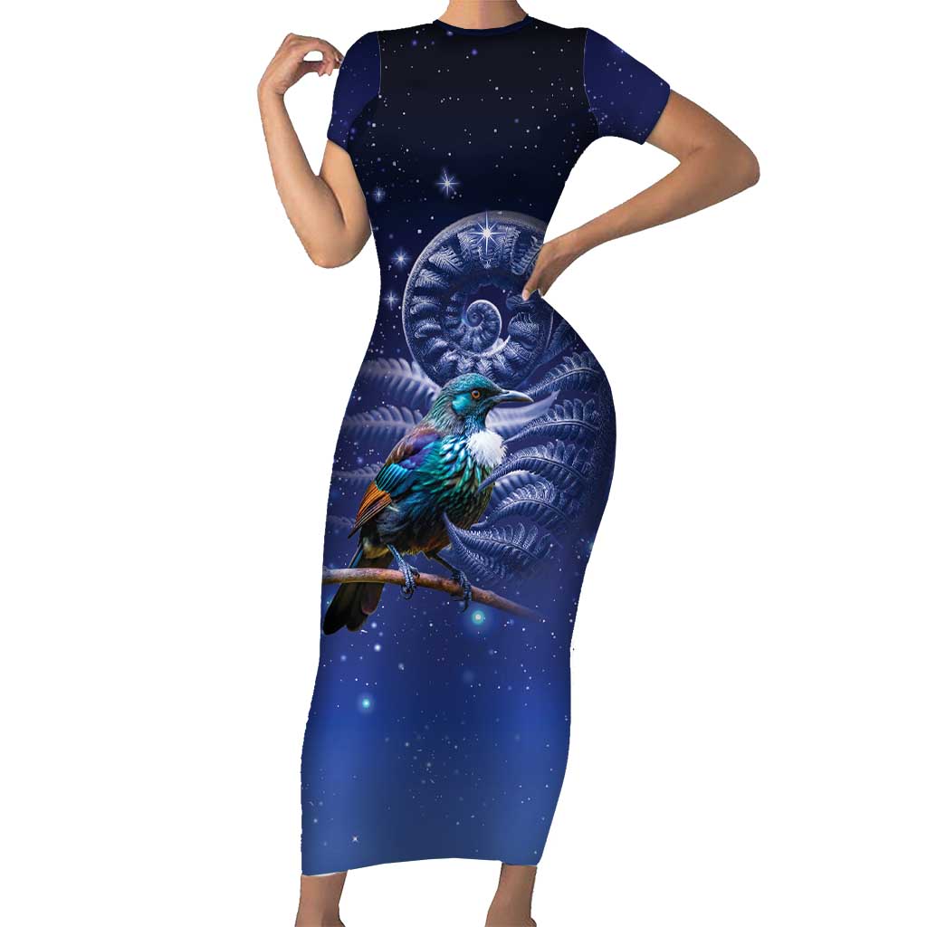 Tui Bird Matariki Galaxy Short Sleeve Bodycon Dress Koru Silver Fern Aotearoa LT9 Long Dress Galaxy - Polynesian Pride