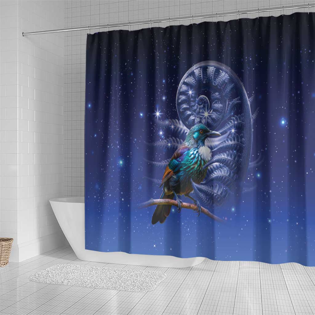 Tui Bird Matariki Galaxy Shower Curtain Koru Silver Fern Aotearoa LT9 - Polynesian Pride
