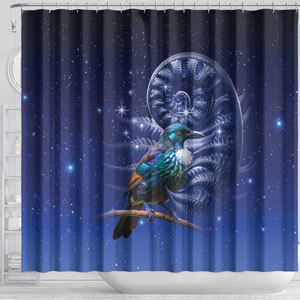 Tui Bird Matariki Galaxy Shower Curtain Koru Silver Fern Aotearoa LT9 - Polynesian Pride