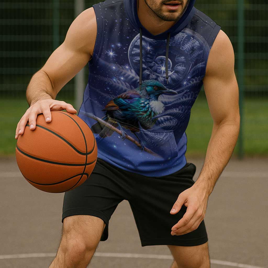 Tui Bird Matariki Galaxy Sleeveless Hoodie Koru Silver Fern Aotearoa LT9 - Polynesian Pride